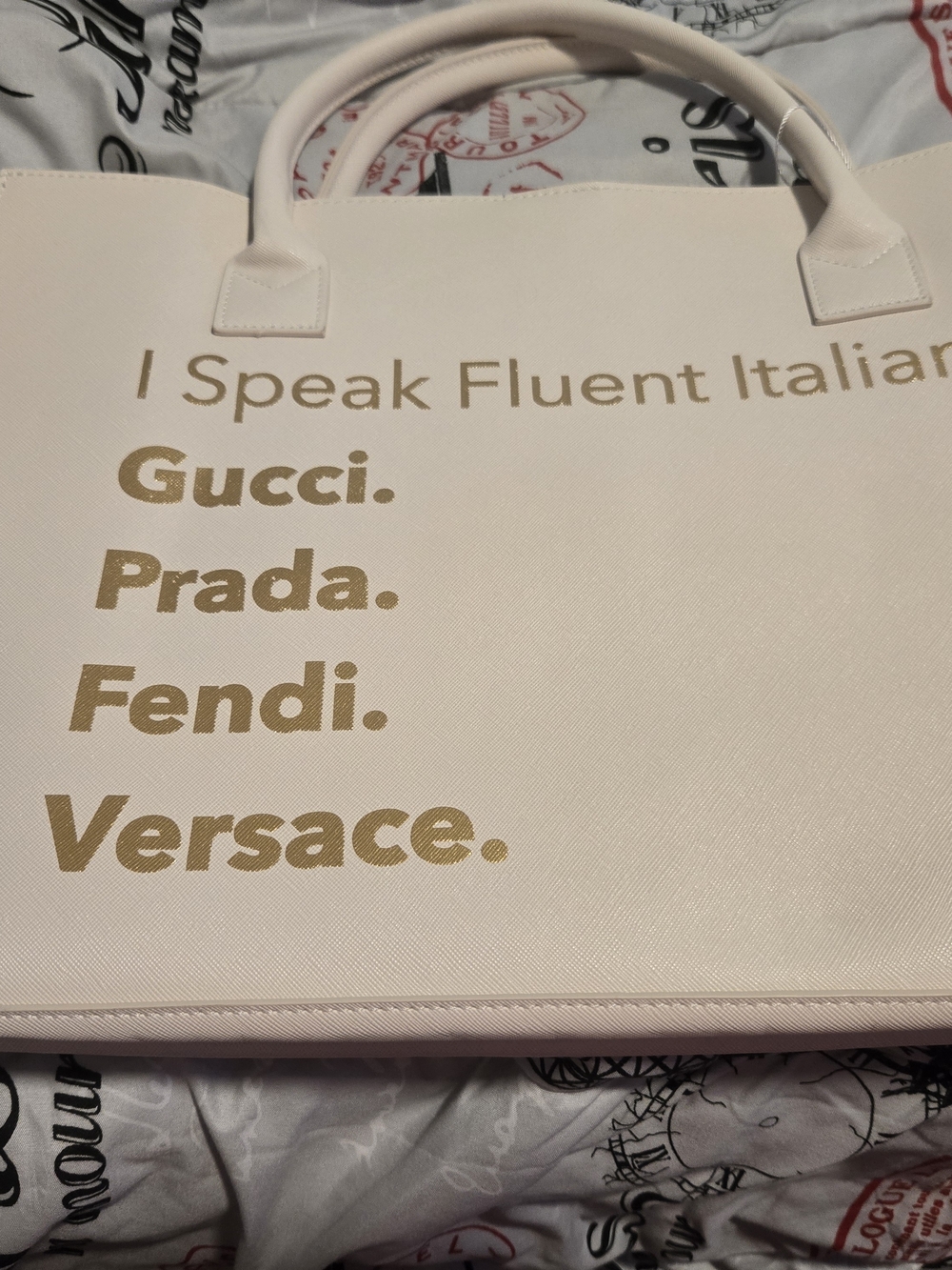 I Speak Fluent Italian Cream Tote Bag by Gucci/Prada/Fendi/Versace